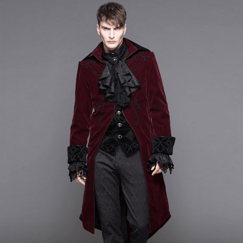 Gothic Male Coat with Stand Collar / Steampunk Men's Wine Red Velvet Tailcoats - HARD'N'HEAVY