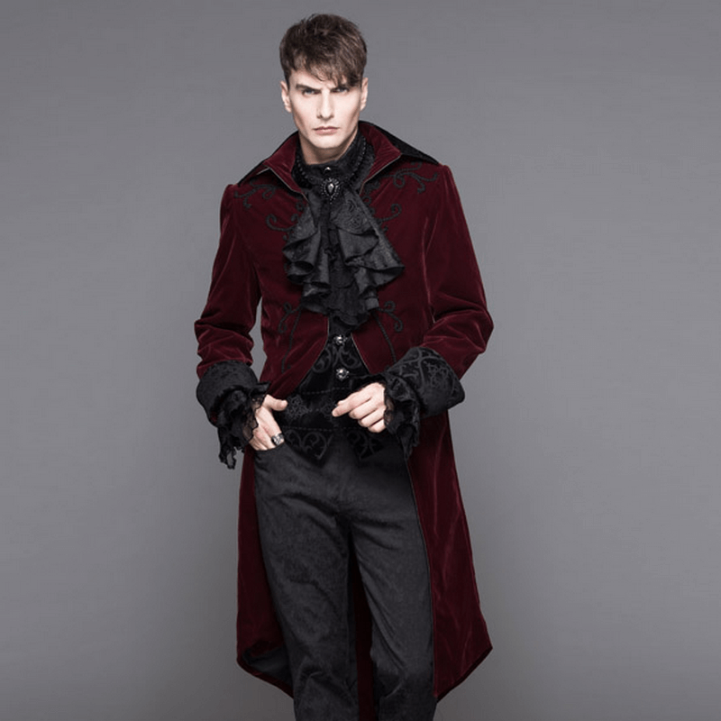 Gothic Male Coat with Stand Collar / Steampunk Men's Wine Red Velvet Tailcoats - HARD'N'HEAVY