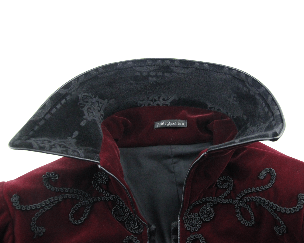 Gothic Male Coat with Stand Collar / Steampunk Men's Wine Red Velvet Tailcoats - HARD'N'HEAVY