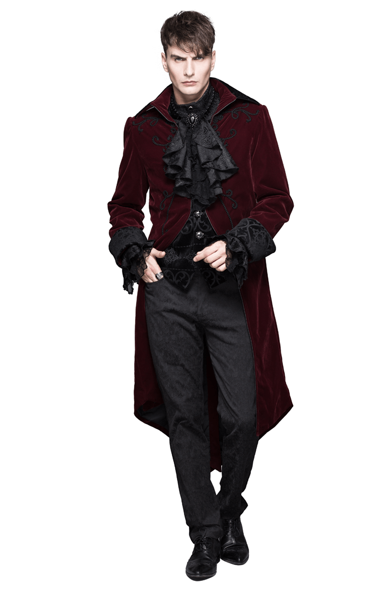 Gothic Male Coat with Stand Collar / Steampunk Men's Wine Red Velvet Tailcoats - HARD'N'HEAVY