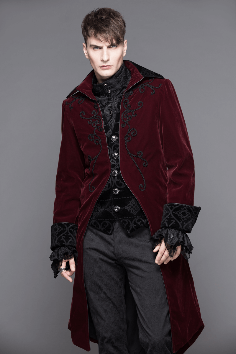 Gothic Male Coat with Stand Collar / Steampunk Men's Wine Red Velvet Tailcoats - HARD'N'HEAVY