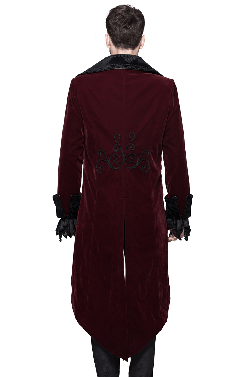 Gothic Male Coat with Stand Collar / Steampunk Men's Wine Red Velvet Tailcoats - HARD'N'HEAVY