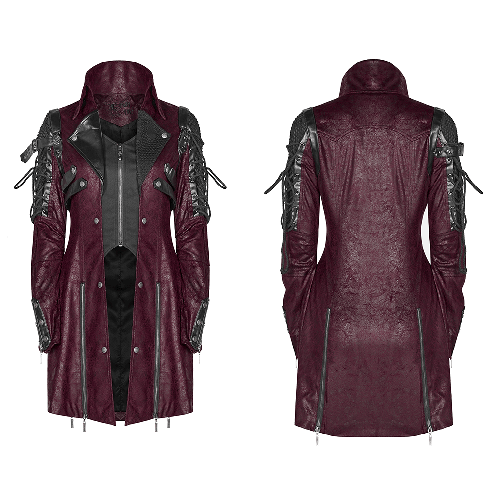 Gothic male leather trench coat in burgundy with laced sleeves, showcasing Victorian elegance and a tailored fit.