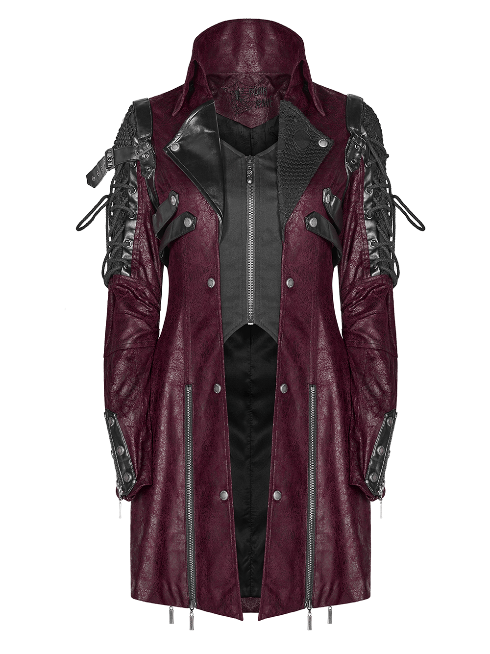 Gothic male trench coat in burgundy leather with laced sleeves and Victorian details.