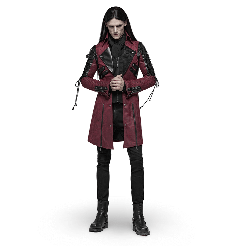 Gothic male in a burgundy leather trench coat with laced sleeves, exuding sophisticated gothic elegance.
