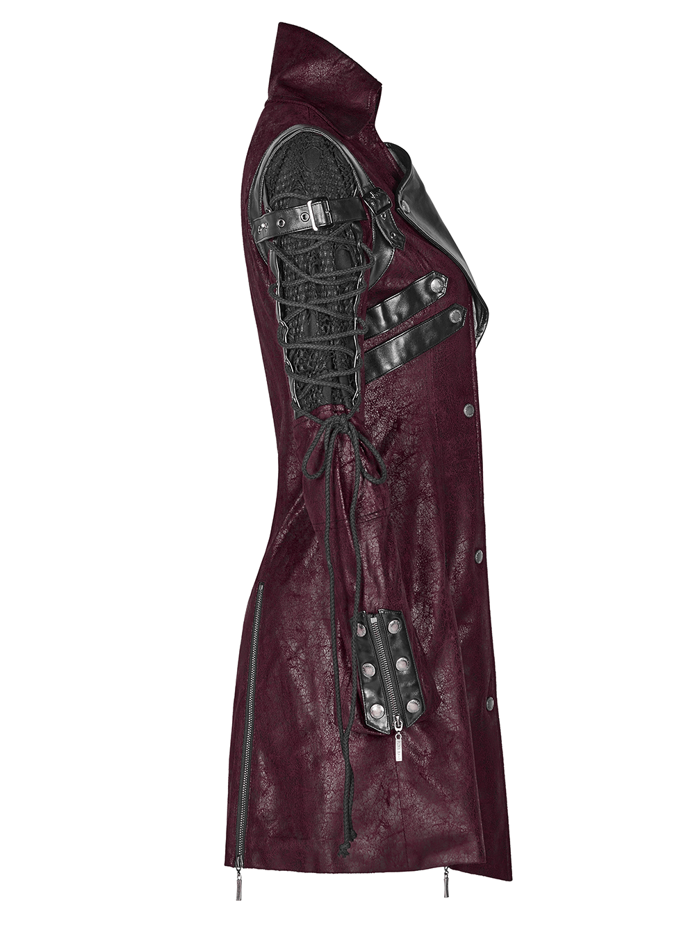 Stylish Gothic male leather trench coat in burgundy with laced sleeves and detailed shoulder panels.