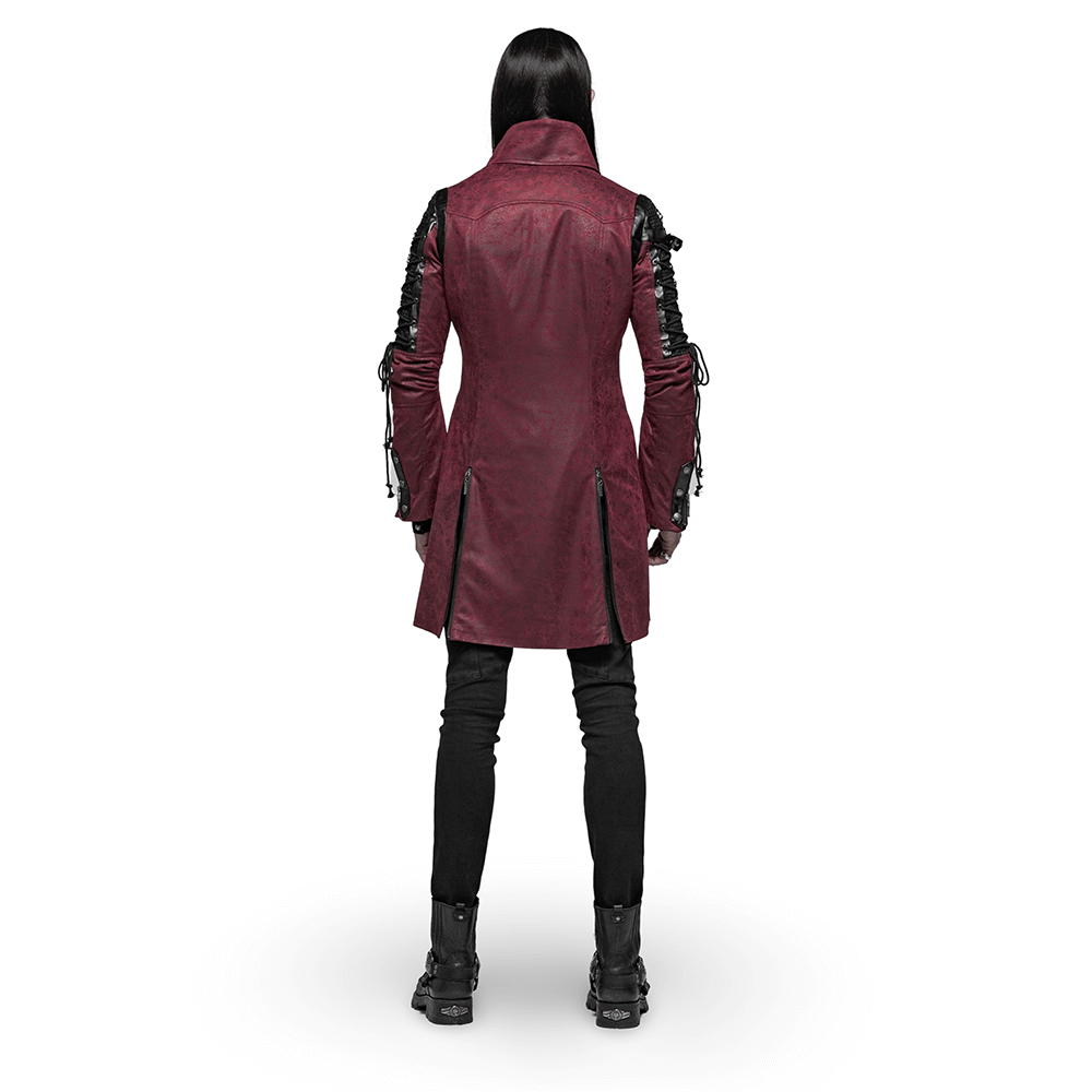 Back view of a gothic male in a burgundy leather trench coat with laced sleeves and black pants.