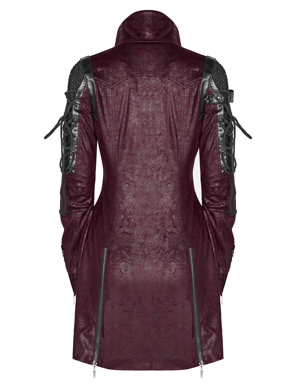 Back view of a gothic burgundy leather trench coat with laced sleeves and detailed shoulder panels.