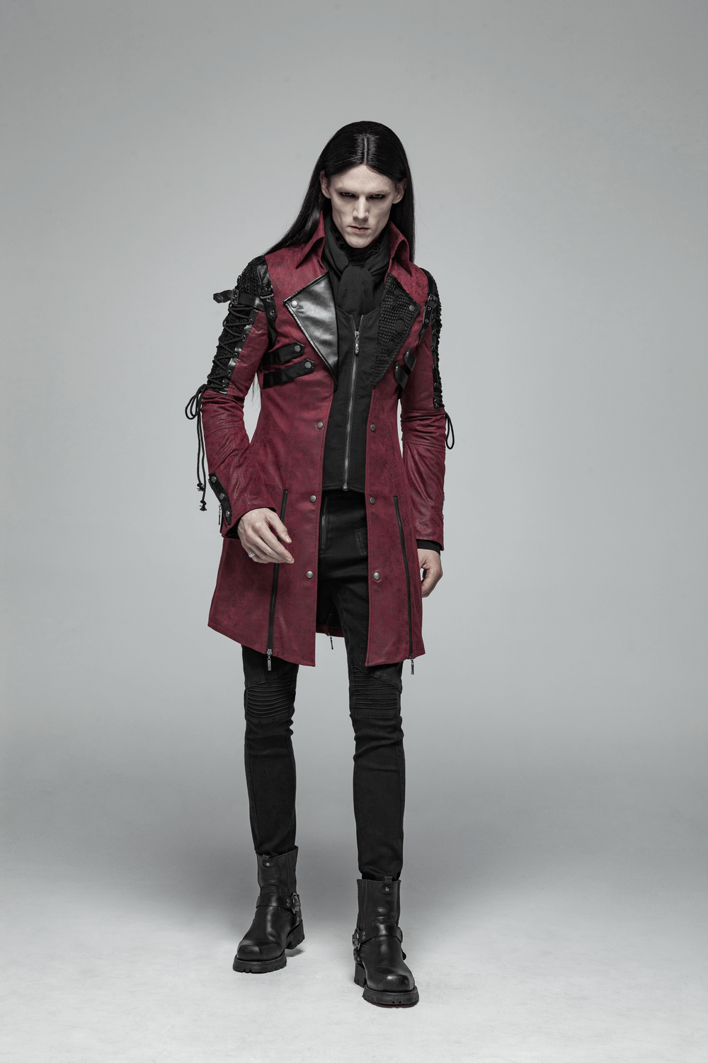 Gothic Male Leather Trench Coat with Laced Sleeves - HARD'N'HEAVY