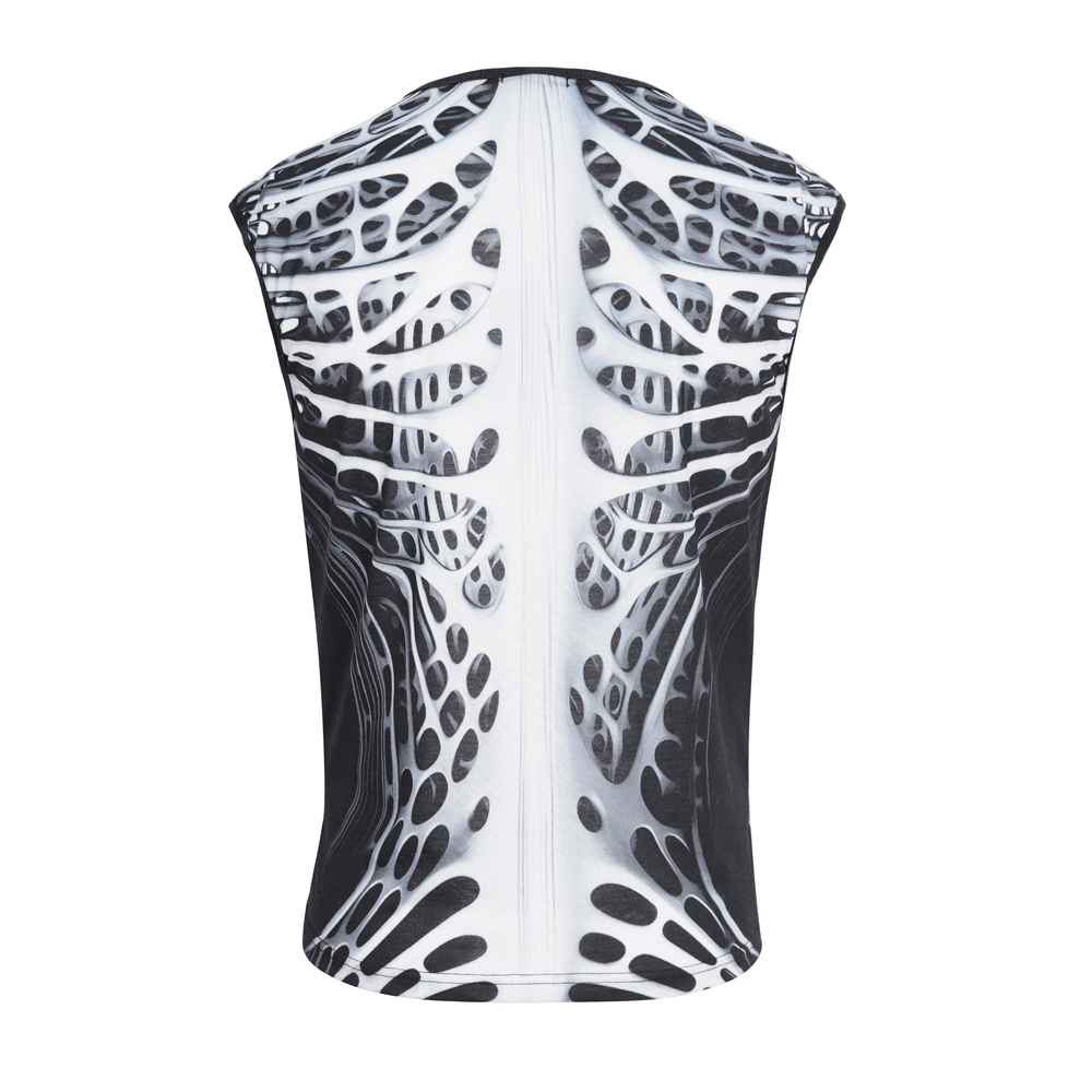 Gothic male tank top featuring a unique skeleton graphic design on a sleek black background.