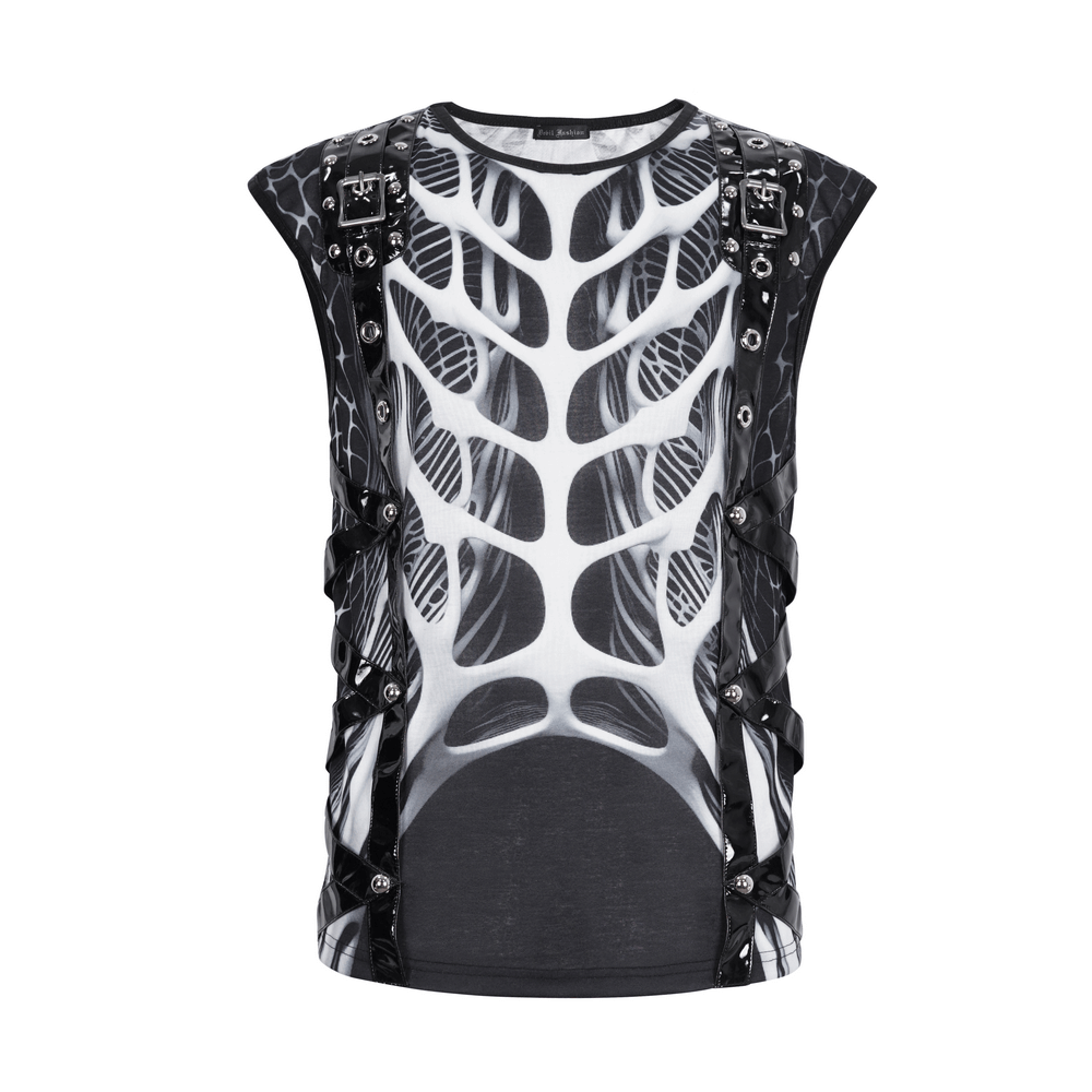 Gothic male tank top with skeleton graphic and rivets, showcasing an edgy and unique style.