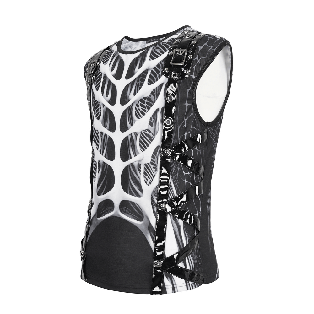 Gothic black tank top with skeleton graphic and rivets for a bold rockstar style.