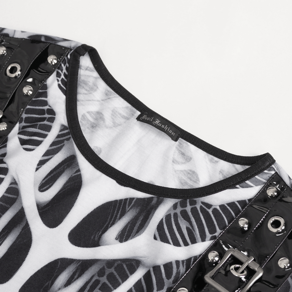 Close-up of Gothic Male Tank Top with skeleton print and rivets, showcasing edgy black design.