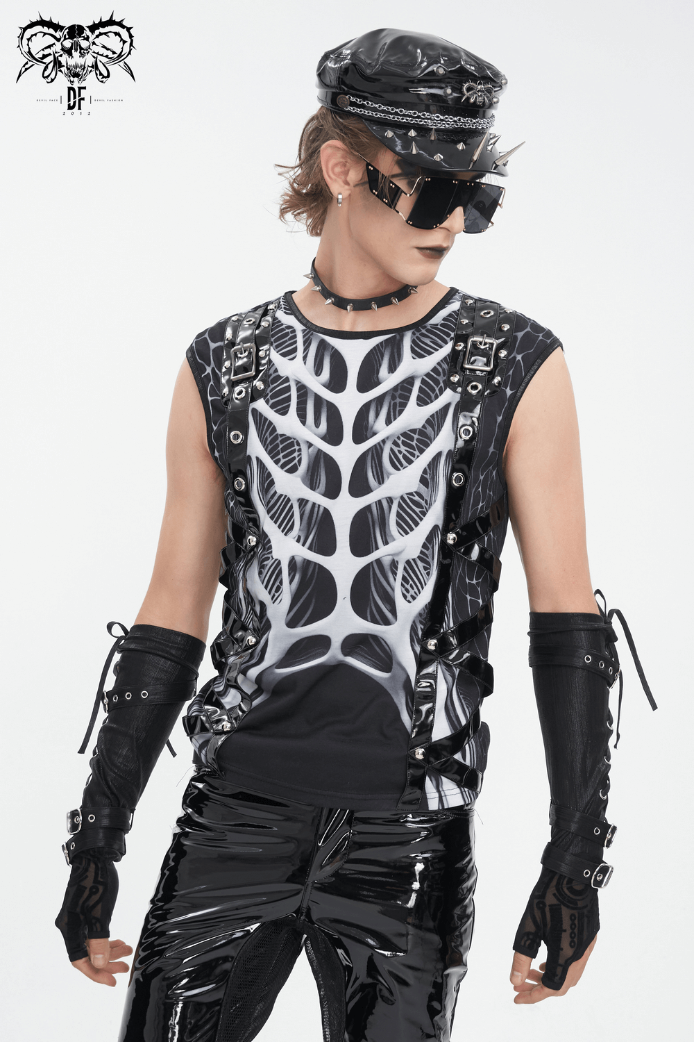Gothic male tank top with skeleton graphic, rivets, and stylish accessories for a bold, edgy look.