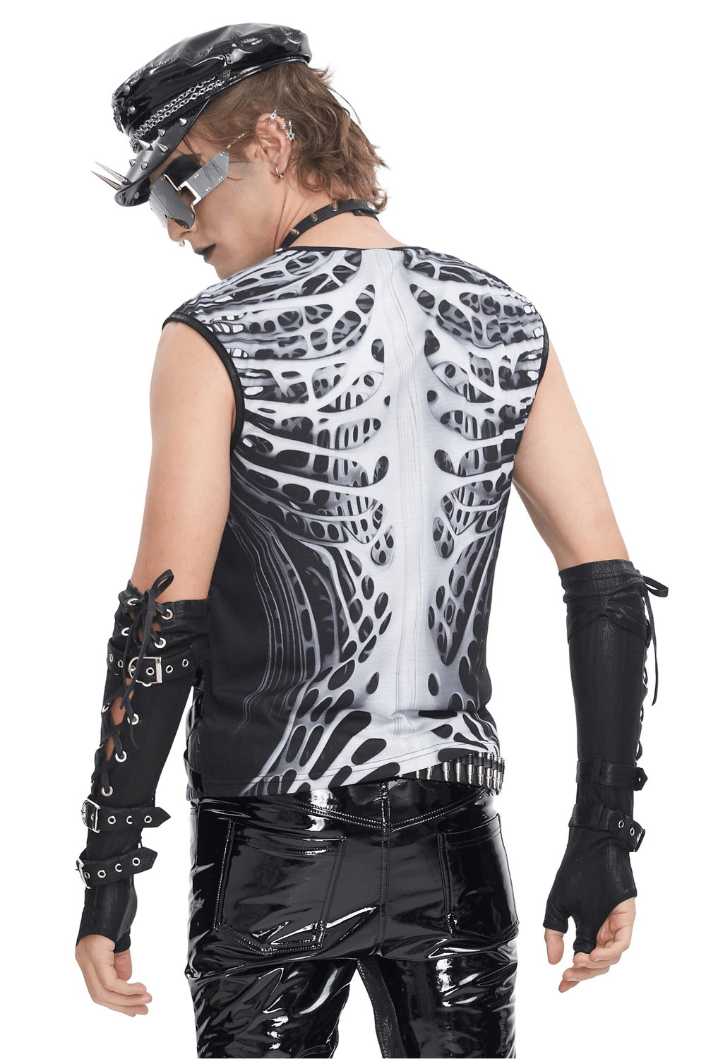 Gothic Male Tank Top with Skeleton Graphic and Rivets
