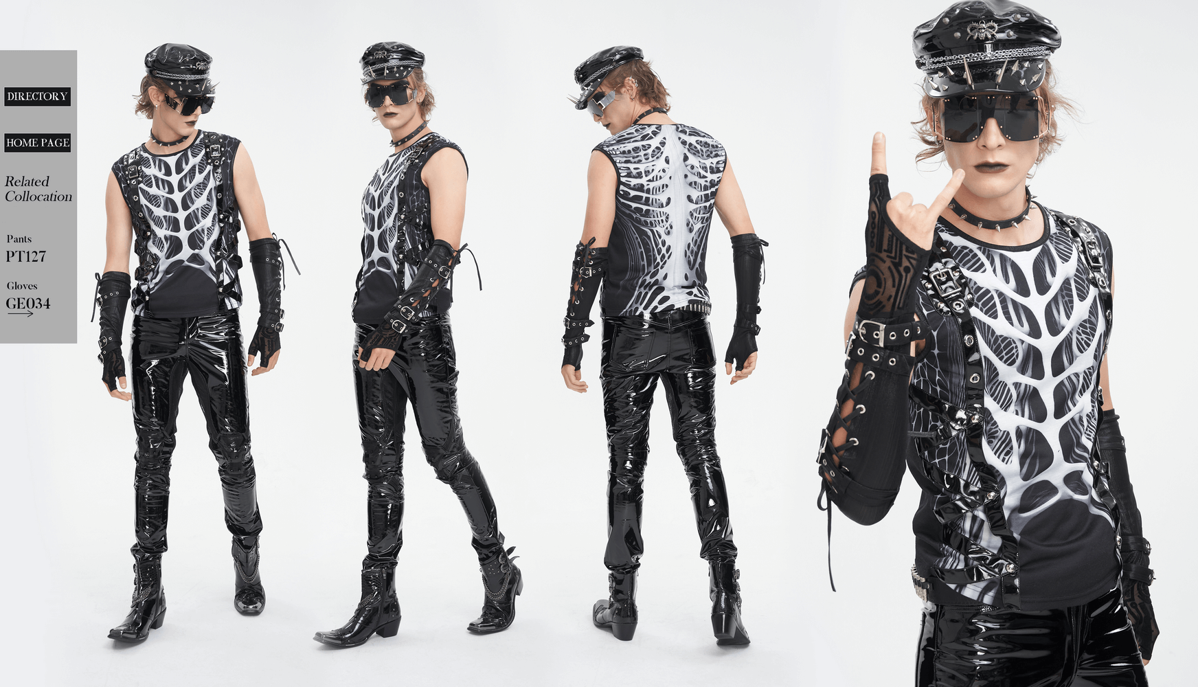Gothic male tank top with skeleton graphic and rivets, exuding edgy rockstar style, paired with shiny black pants and accessories.