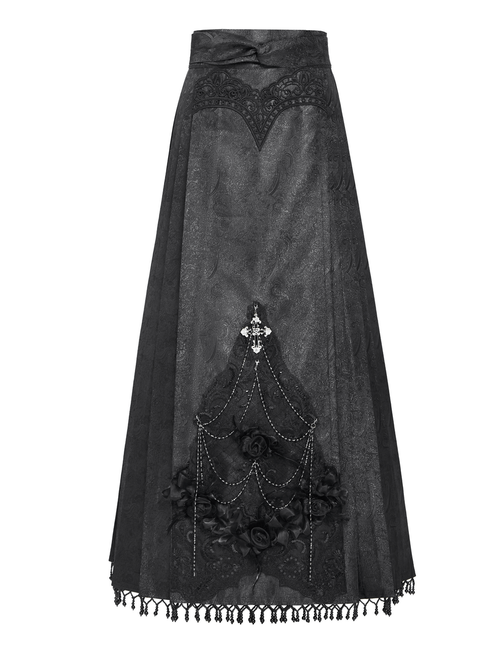 Gothic black maxi skirt with lace trim, silver cross pendant, and cascading rose accents for dark elegance.