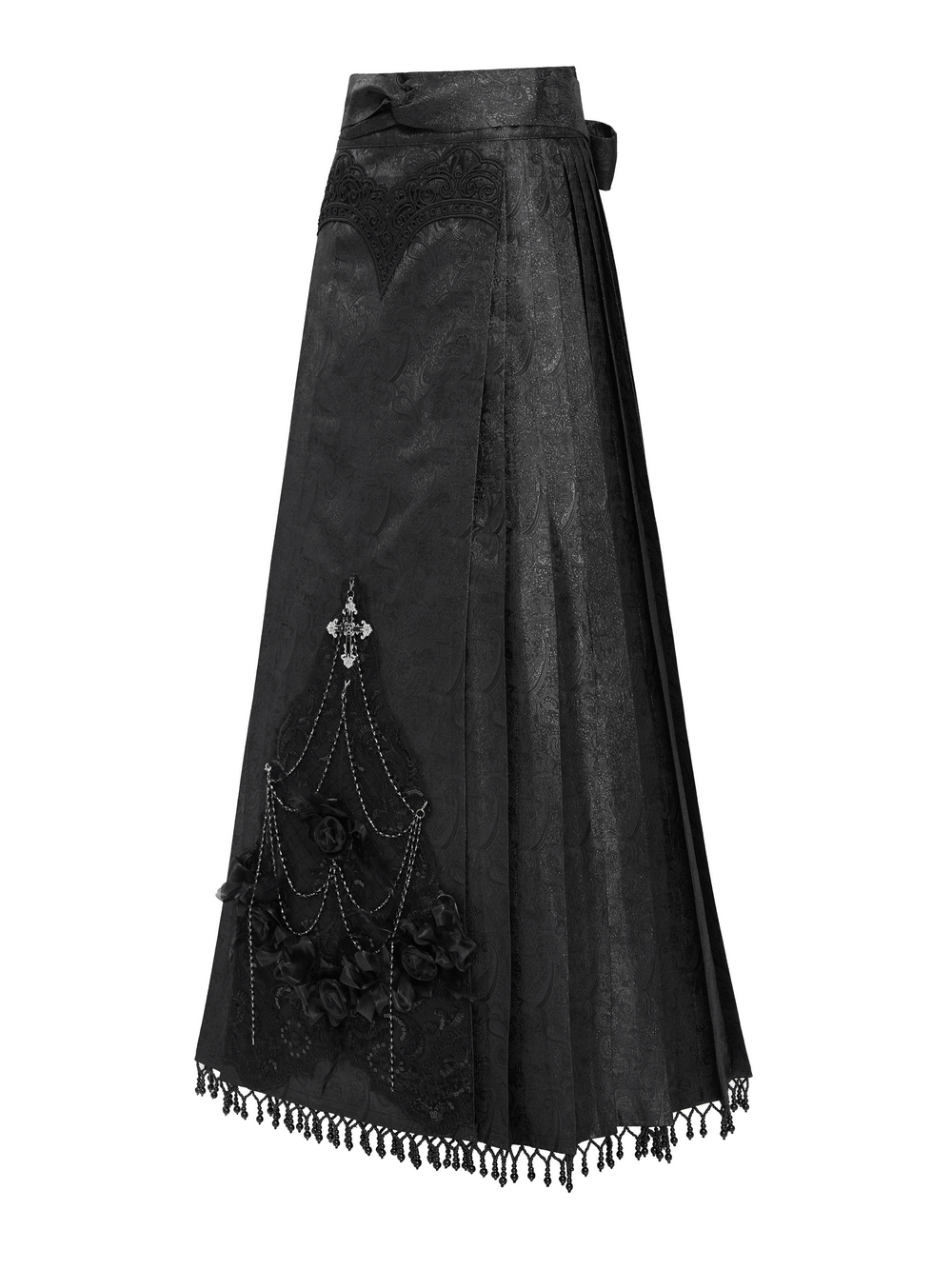Gothic black maxi skirt with lace trim, cross pendant, and rose chain details for dark elegance.