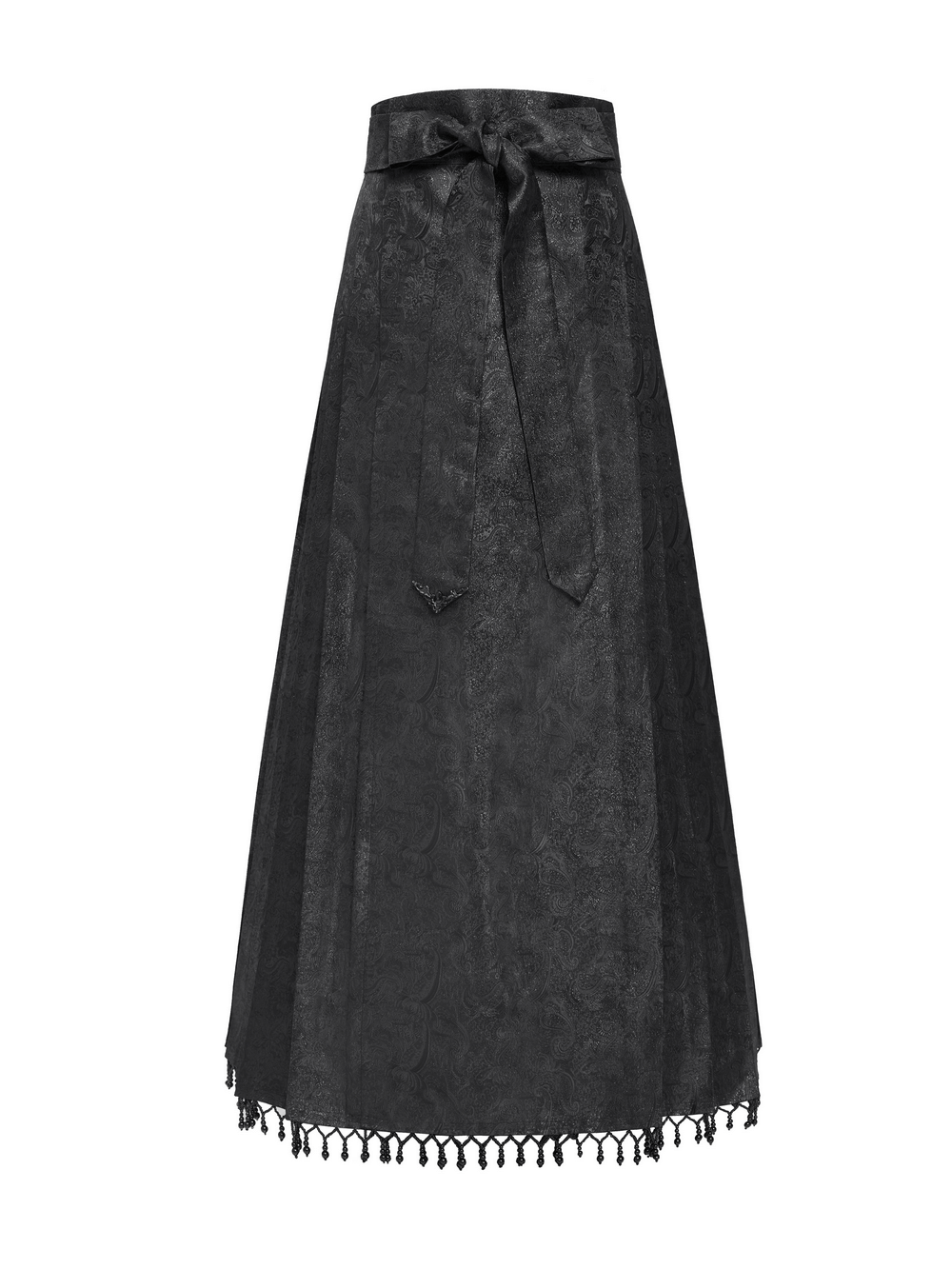 Gothic black maxi skirt with lace trim, silver cross pendant, and ornate waistband for dark elegance.