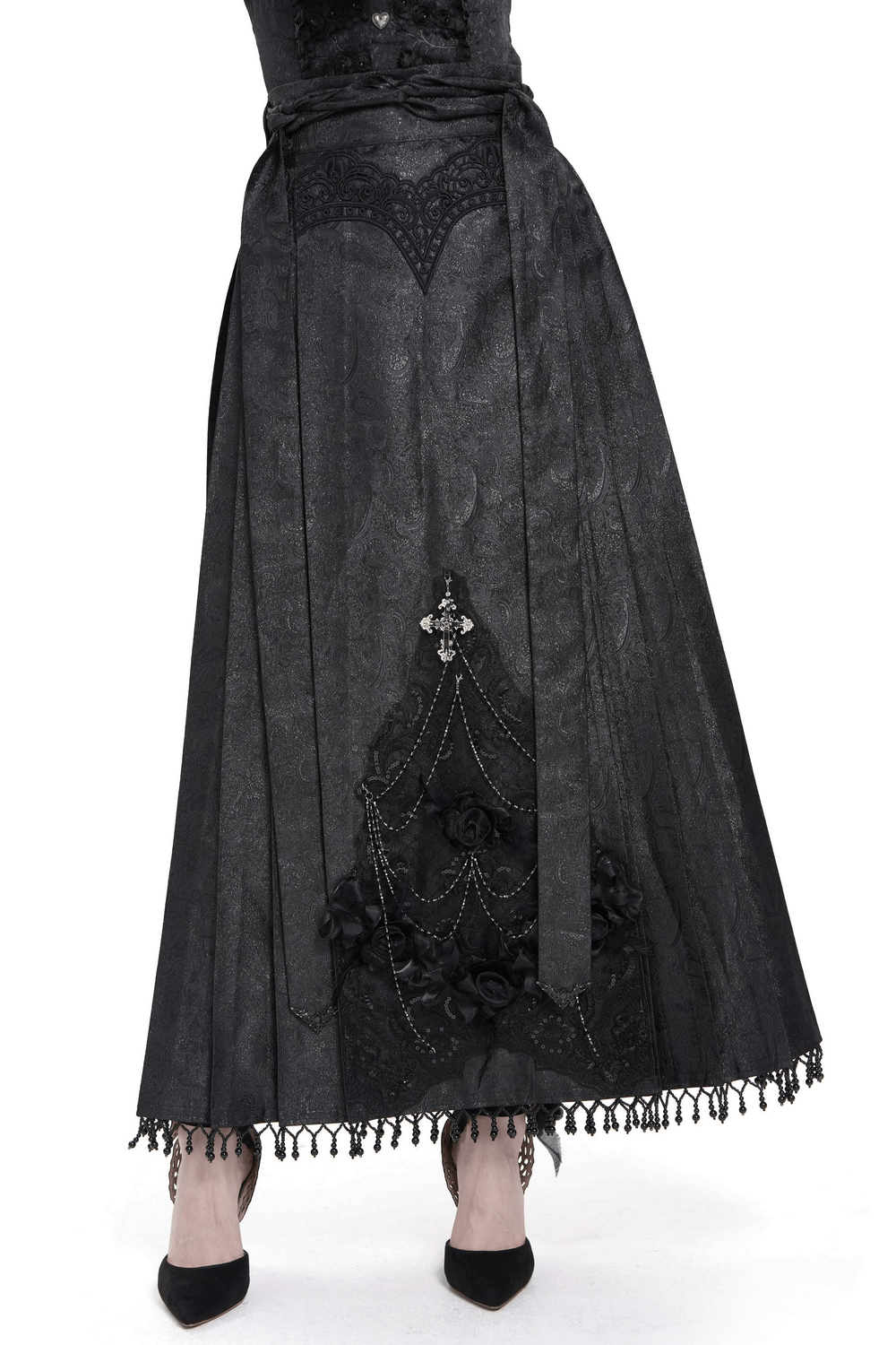 Gothic maxi skirt featuring lace trim, cross pendant, and cascading rose details, perfect for dark elegance.