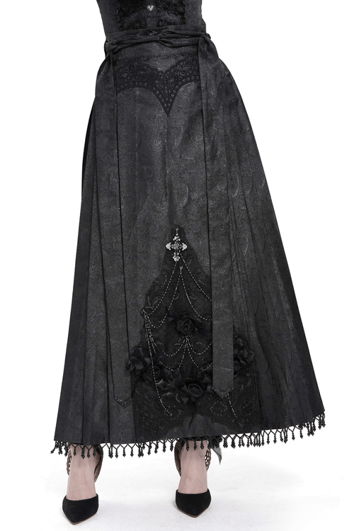 Gothic Maxi Skirt with Lace Cross and Rose Chain Details
