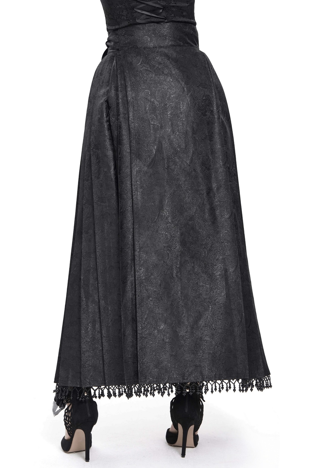 Back view of a gothic maxi skirt with lace trim and elegant draping, perfect for dark fashion and vintage style.