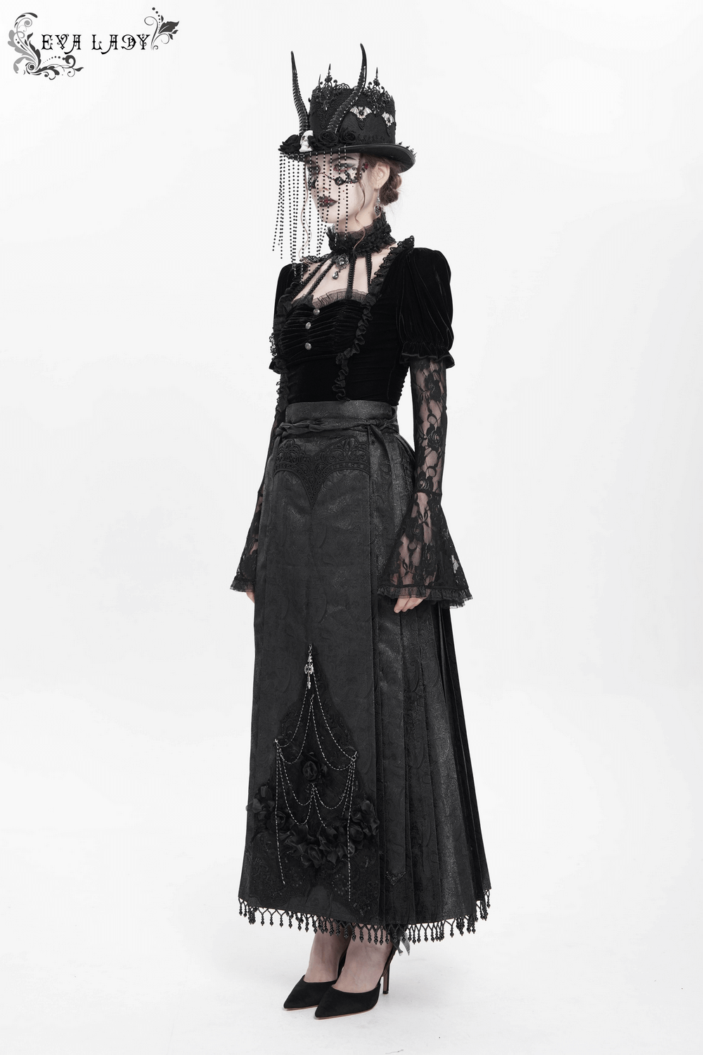 Gothic maxi skirt with lace, cross pendant, and intricate rose chain details for dark elegance.