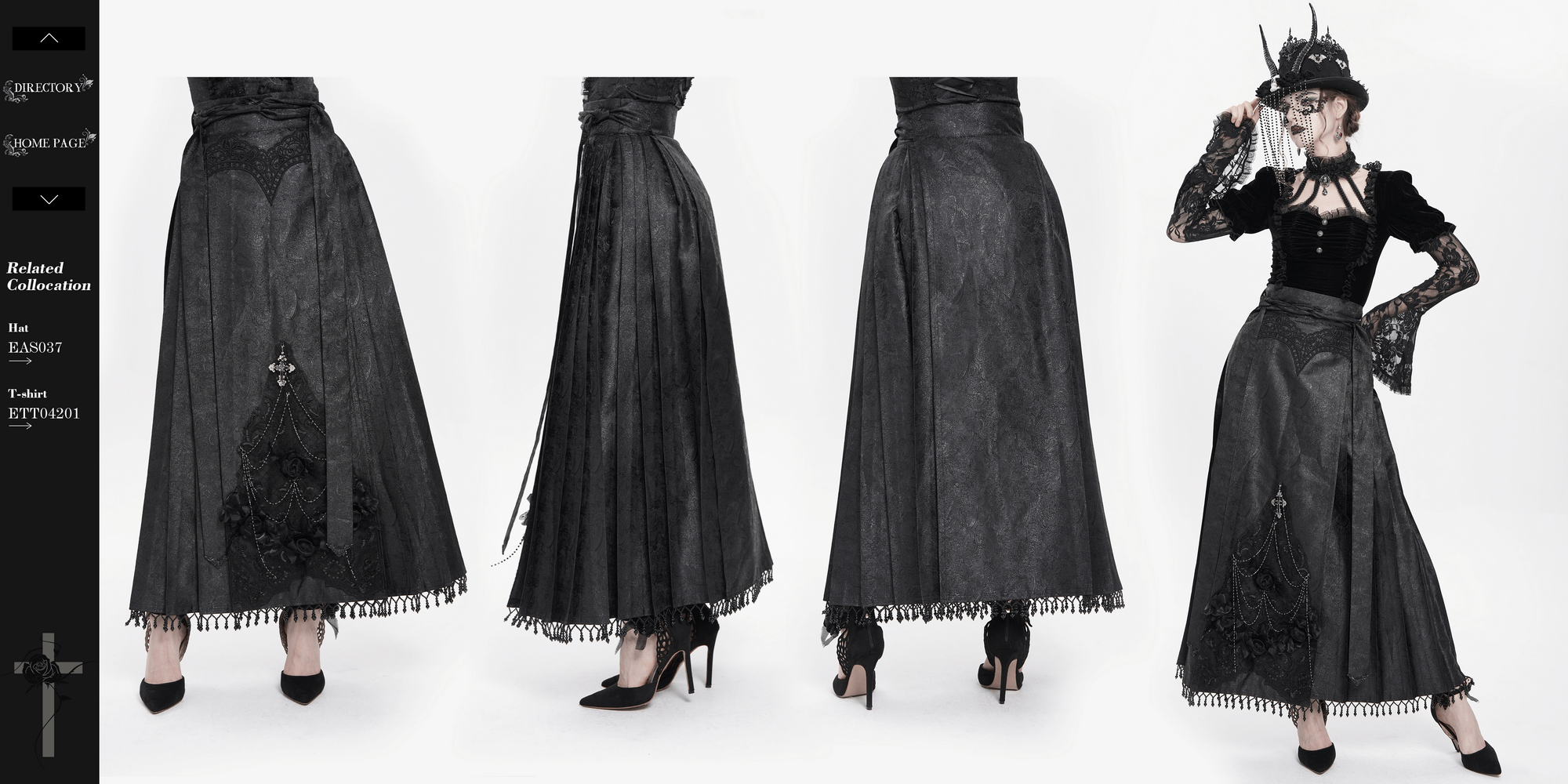 Gothic black maxi skirt with lace trim, cross pendant, and chains, perfect for dark elegance and vintage-inspired outfits.