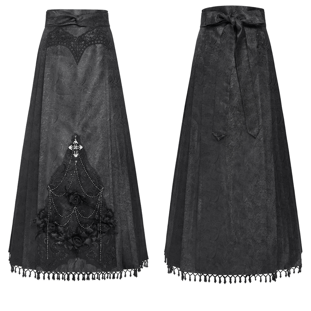 Gothic maxi skirt with lace trim, silver cross pendant, and rose chain accents for dark elegance.