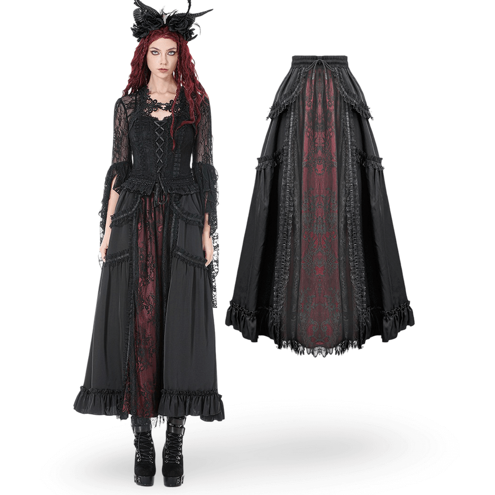 Gothic Maxi Skirt with Red Lace Panel and Ruffles displayed on a model showcasing dark romantic vibes.