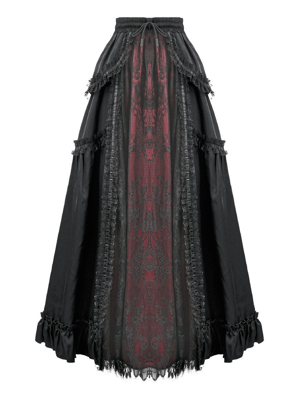 Gothic Maxi Skirt with Red Lace Panel and Ruffles showcasing dramatic burgundy lace and ruffled hem.