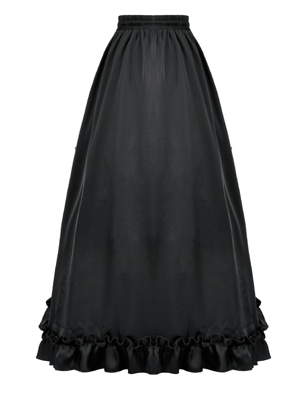 Gothic Maxi Skirt with Red Lace Panel and Ruffles, black satin-look fabric with ruffled hem.