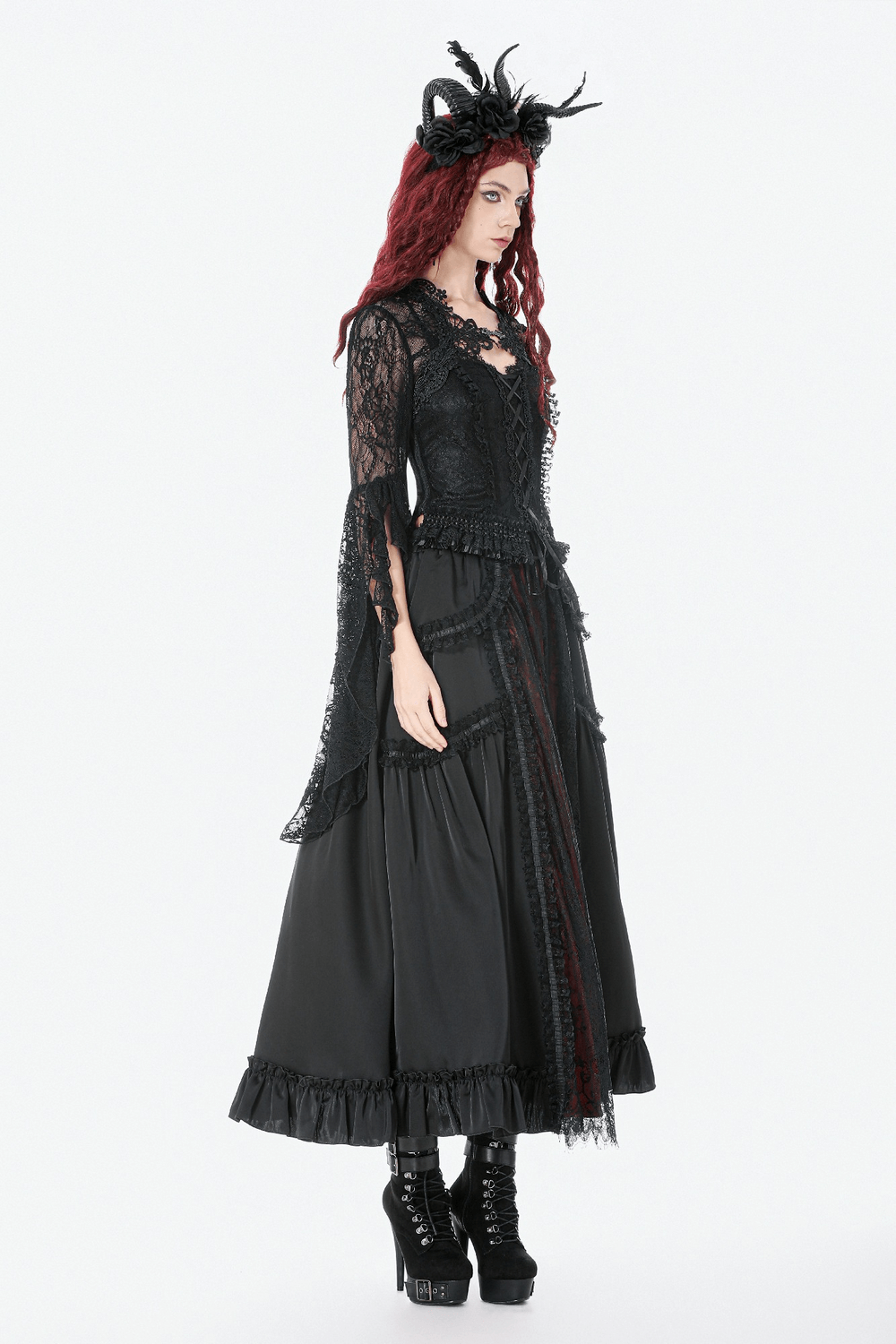 Gothic Maxi Skirt with Red Lace Panel and Ruffles worn by a model, showcasing dark romantic style and ruffles.