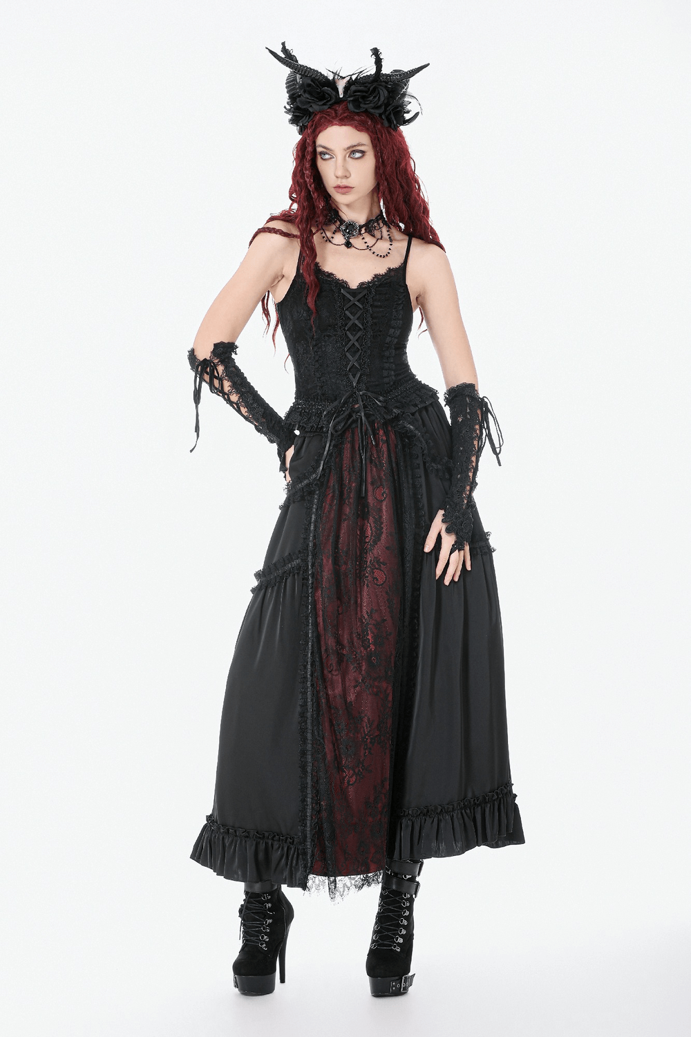 Gothic Maxi Skirt with Red Lace Panel and Ruffles worn by a model with dark aesthetic style.