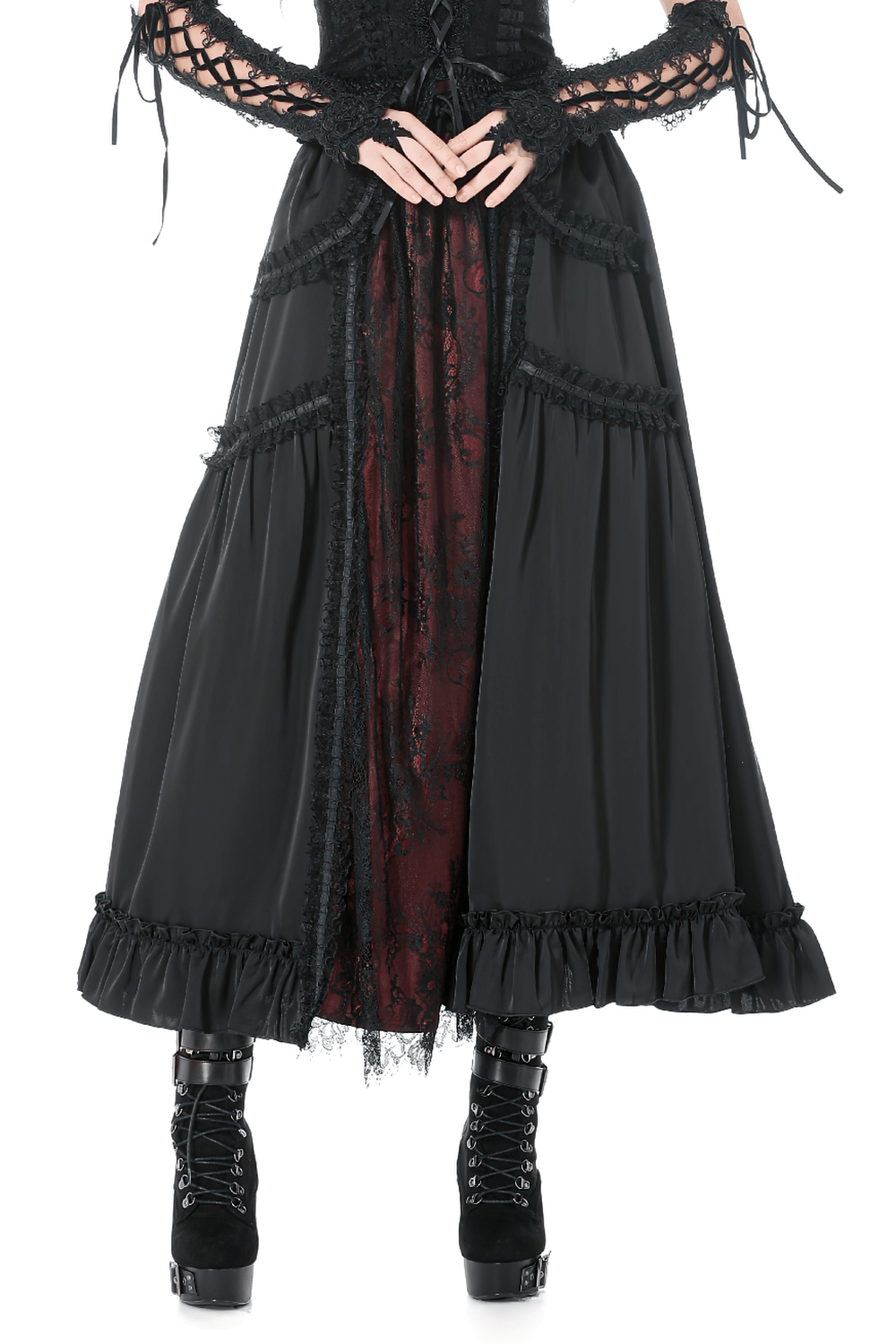 Gothic Maxi Skirt with Red Lace Panel and Ruffles showcasing a dramatic burgundy lace center panel and ruffled hem.
