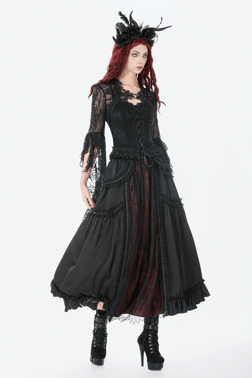 Gothic Maxi Skirt with Red Lace Panel and Ruffles worn by model exuding dark romantic style.