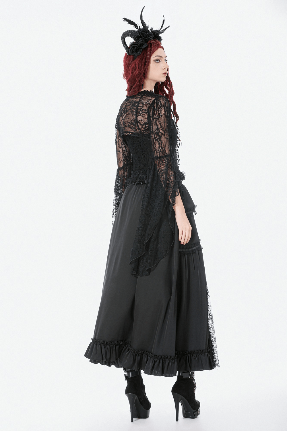 Gothic Maxi Skirt with Red Lace Panel and Ruffles worn with a black lace blouse and dramatic headpiece.