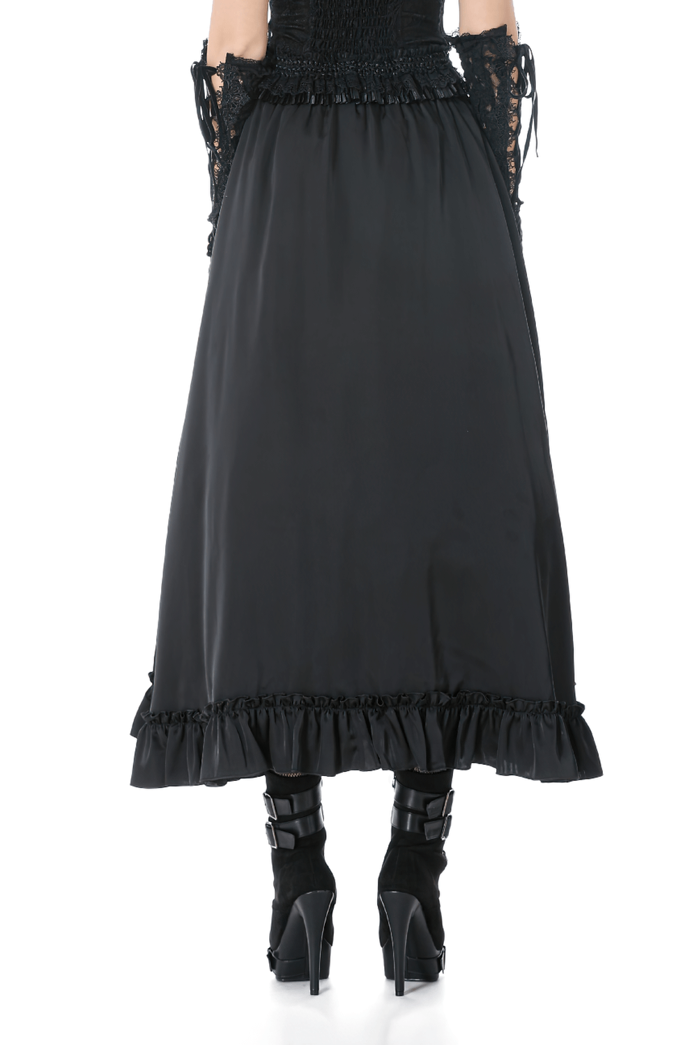 Gothic Maxi Skirt with Red Lace Panel and Ruffles, featuring a flowing black design and ruffled hem.