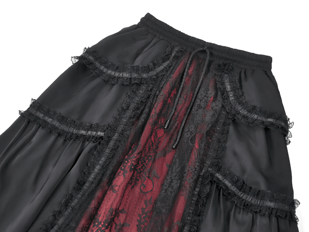 Gothic Maxi Skirt with Red Lace Panel and Ruffles showcasing a dramatic burgundy lace design and ruffled hem.