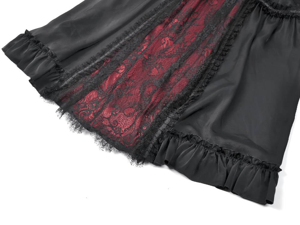 Gothic Maxi Skirt with Red Lace Panel and Ruffles showcasing the dramatic lace and ruffled hem detail.