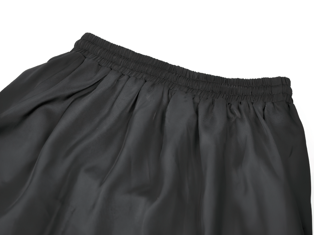 Gothic Maxi Skirt with Red Lace Panel and Ruffles elastic waistband and soft satin-look fabric.