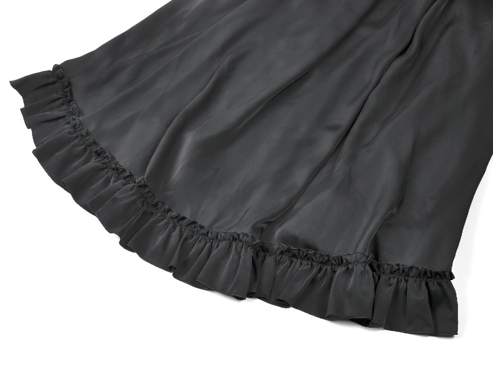 Gothic Maxi Skirt with Red Lace Panel and Ruffles - Close-up of ruffled hem in smooth black satin.