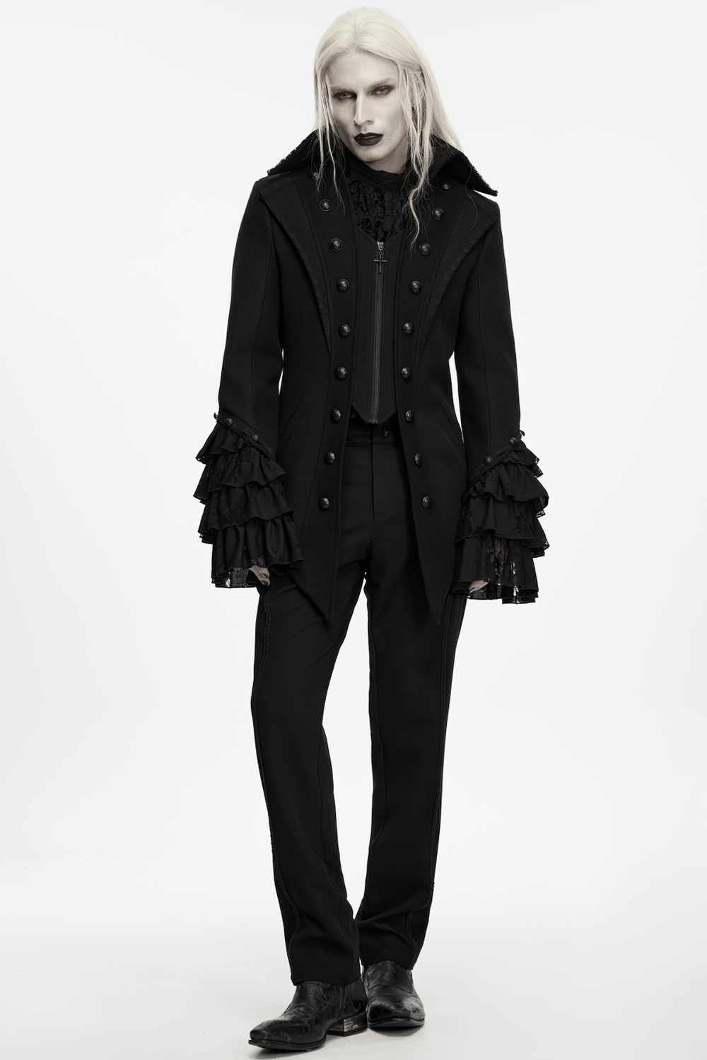 Gothic Medieval Tailcoat Jacket with Lace Ruffle Cuffs, black Victorian twill coat with ornate buttons and dramatic cuffs