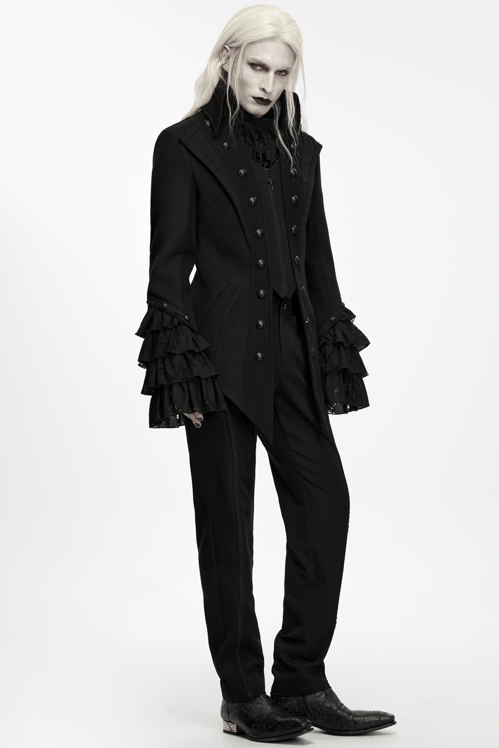 Gothic Medieval Tailcoat Jacket with Lace Ruffle Cuffs, black Victorian twill coat with ornate buttons and dramatic flair