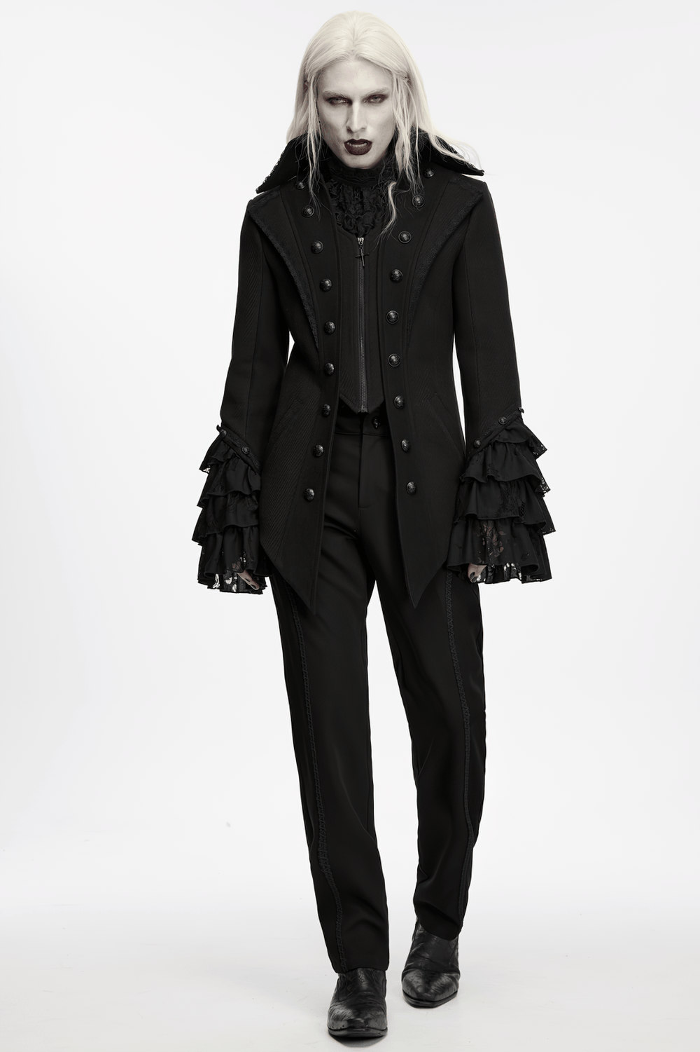 Gothic Medieval Tailcoat Jacket with Lace Ruffle Cuffs, black Victorian coat with ornate buttons and dramatic gothic style