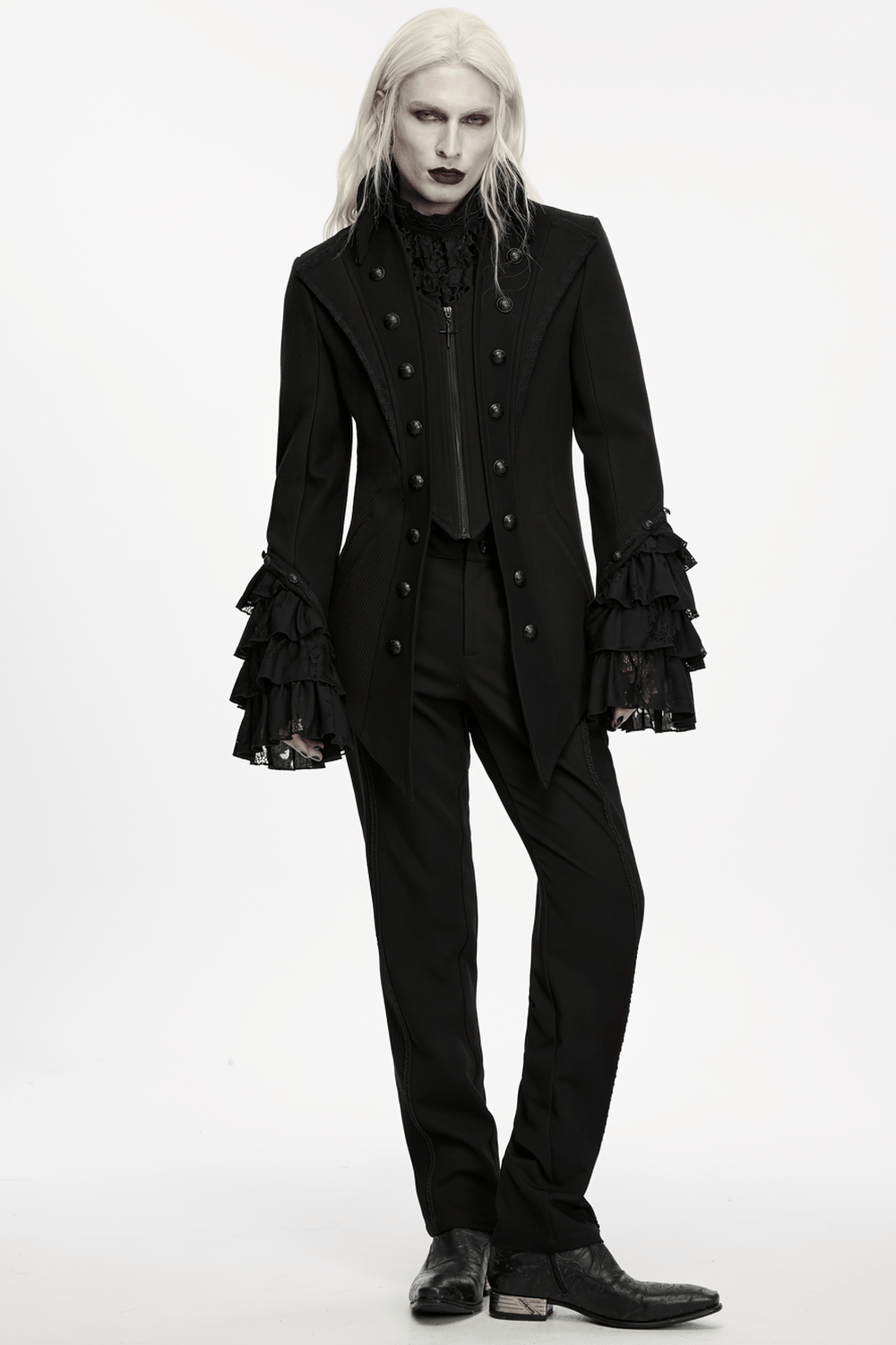 Gothic Medieval Tailcoat Jacket with Lace Ruffle Cuffs black Victorian coat with ornate buttons and dramatic lace sleeves