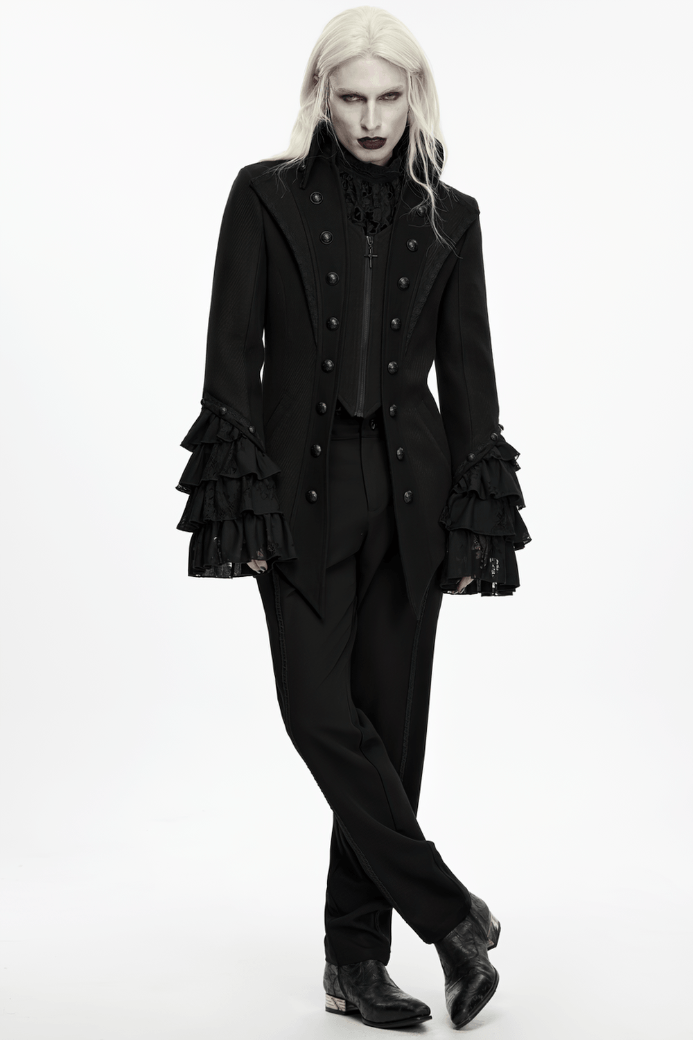 Gothic Medieval Tailcoat Jacket with Lace Ruffle Cuffs, Victorian black twill coat with ornate button front