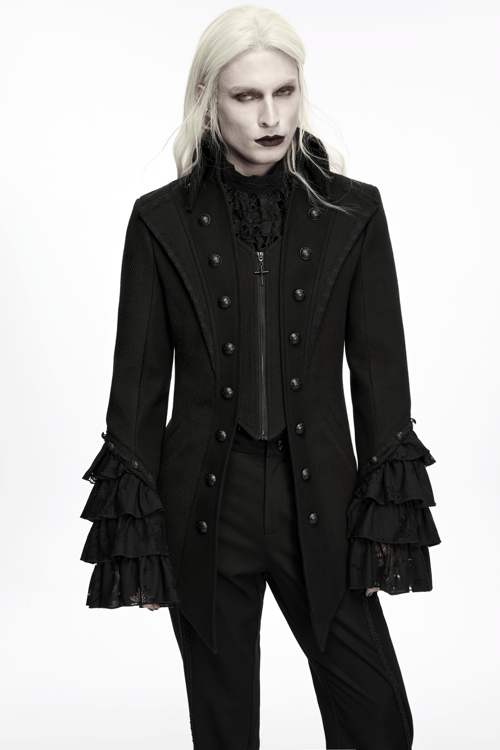 Gothic Medieval Tailcoat Jacket with Lace Ruffle Cuffs, black Victorian coat with ornate buttons and dramatic lace detail