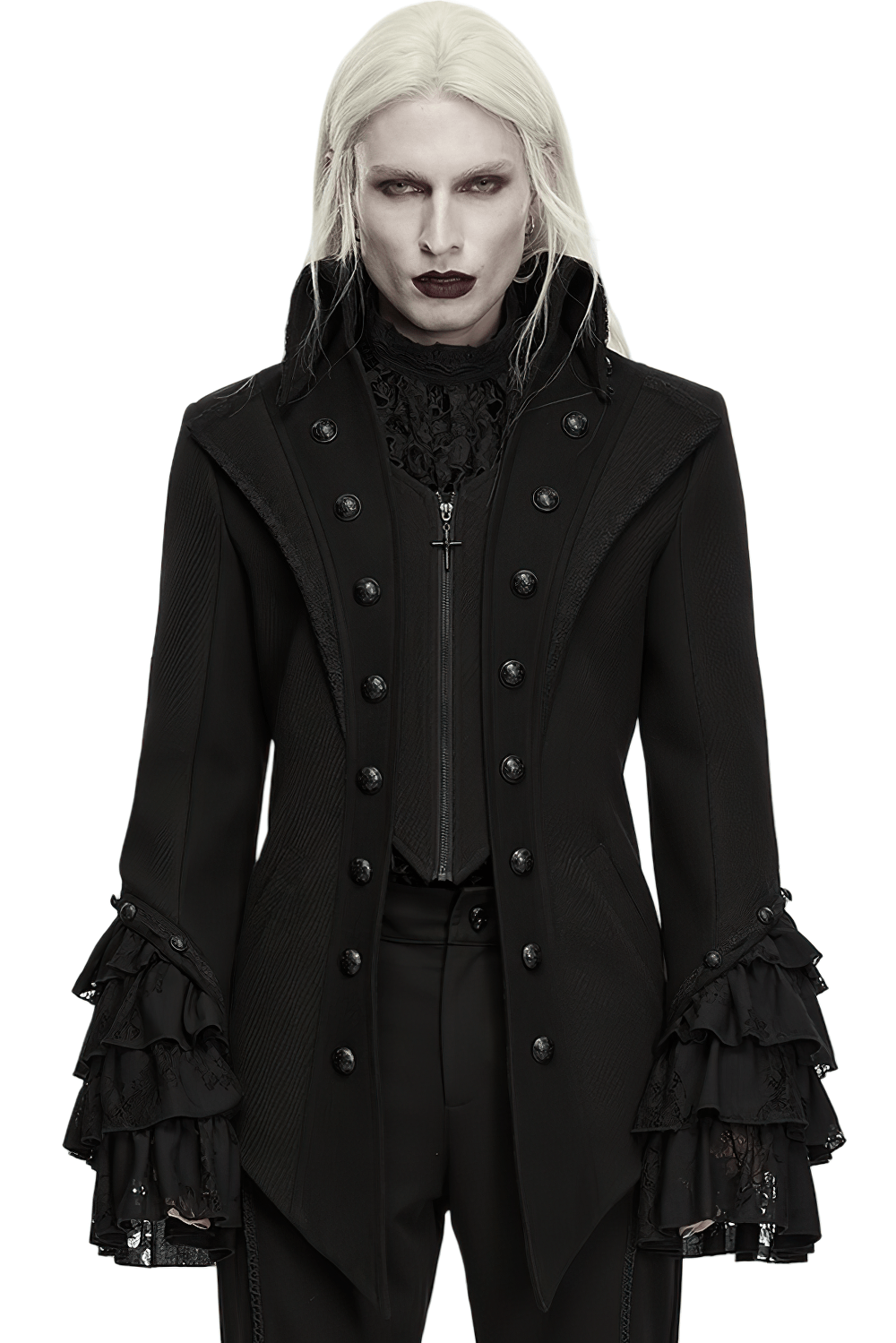 Gothic Medieval Tailcoat Jacket with Lace Ruffle Cuffs in black Victorian style with ornate buttons