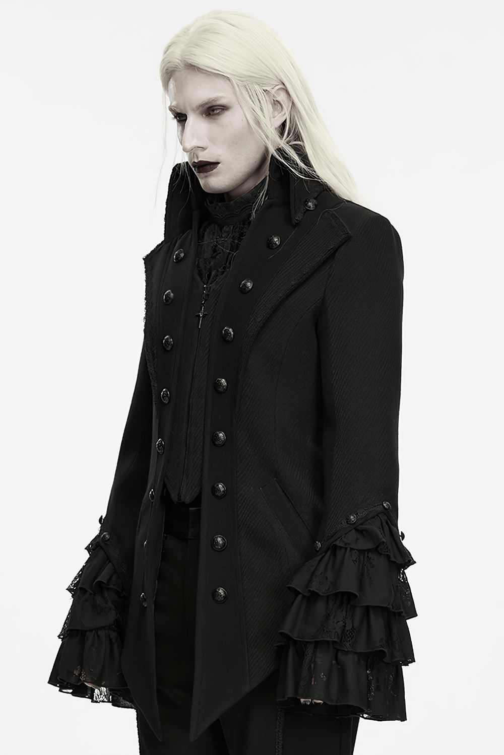Gothic Medieval Tailcoat Jacket with Lace Ruffle Cuffs in black Victorian twill, ornate buttons, dramatic gothic style